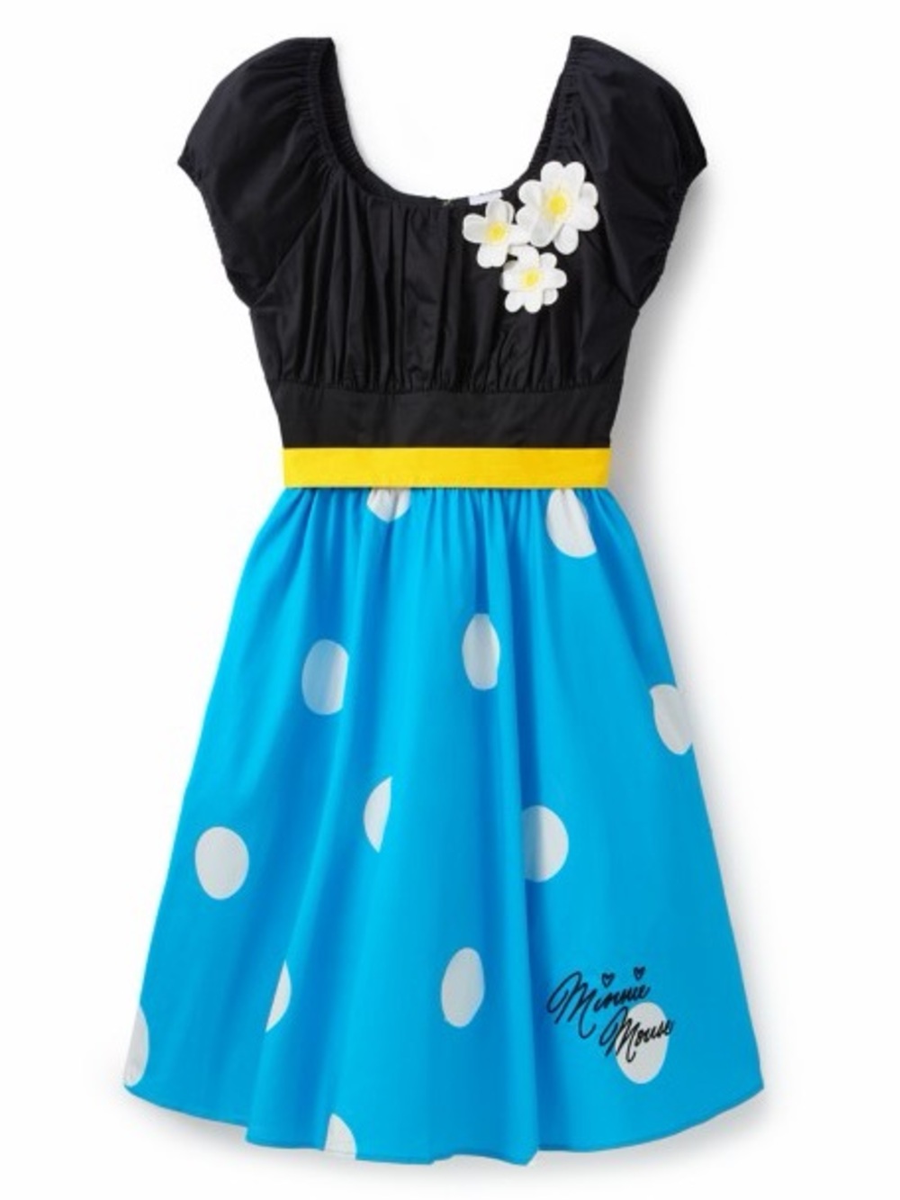 Disney Parks Minnie Mouse Black & Blue Polka Dot Women Dress with Yellow Waist